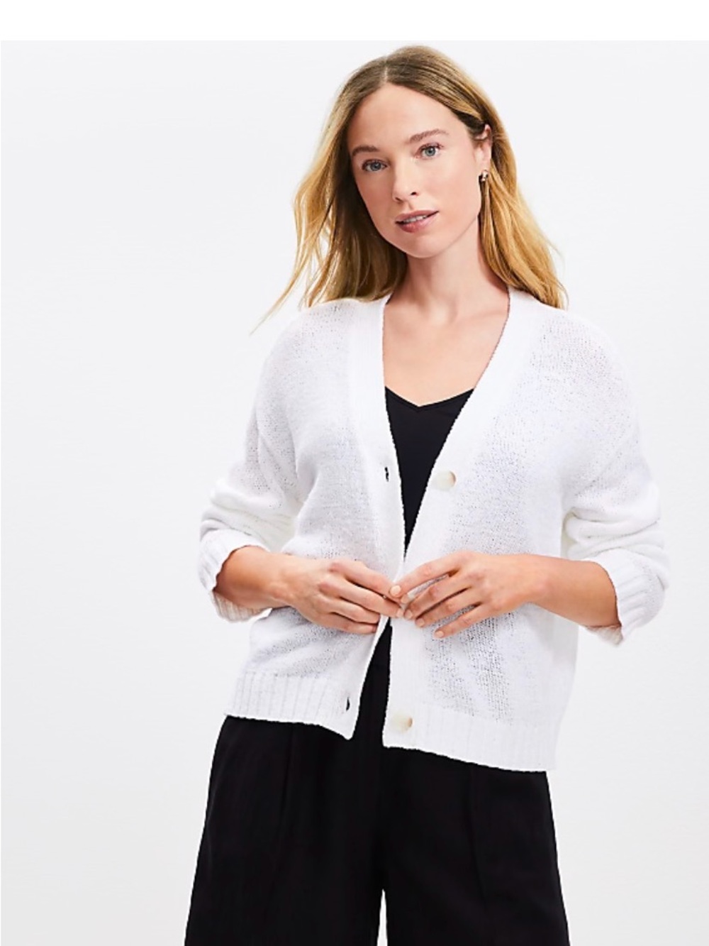 LOFT White V-Neck Button Front Cardigan